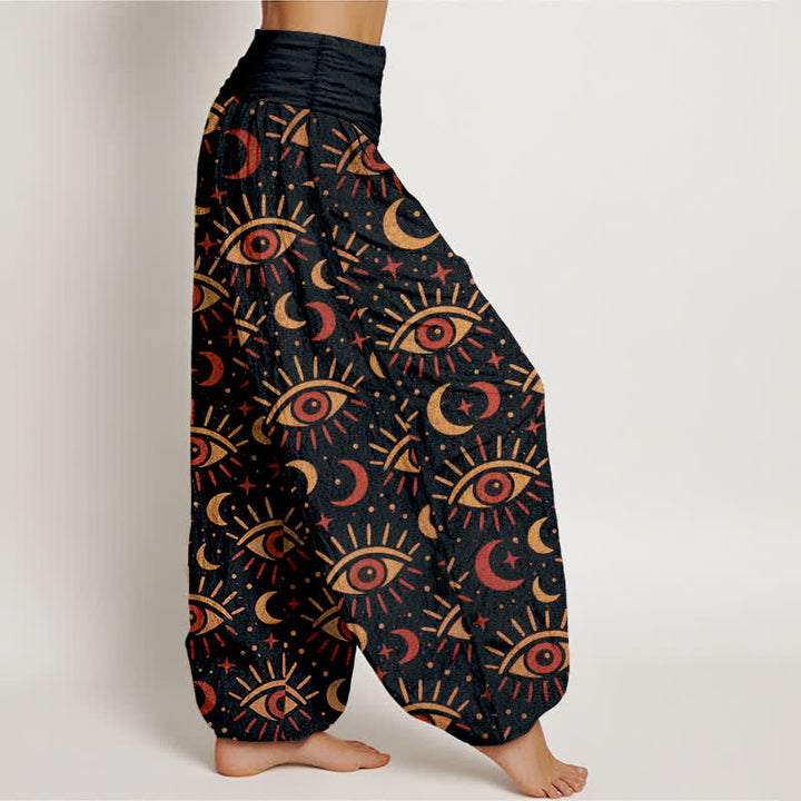 Buddha Stones Pantalones harem de algodón con estampado de luna y ojo místico para mujer con cintura elástica. - image 9