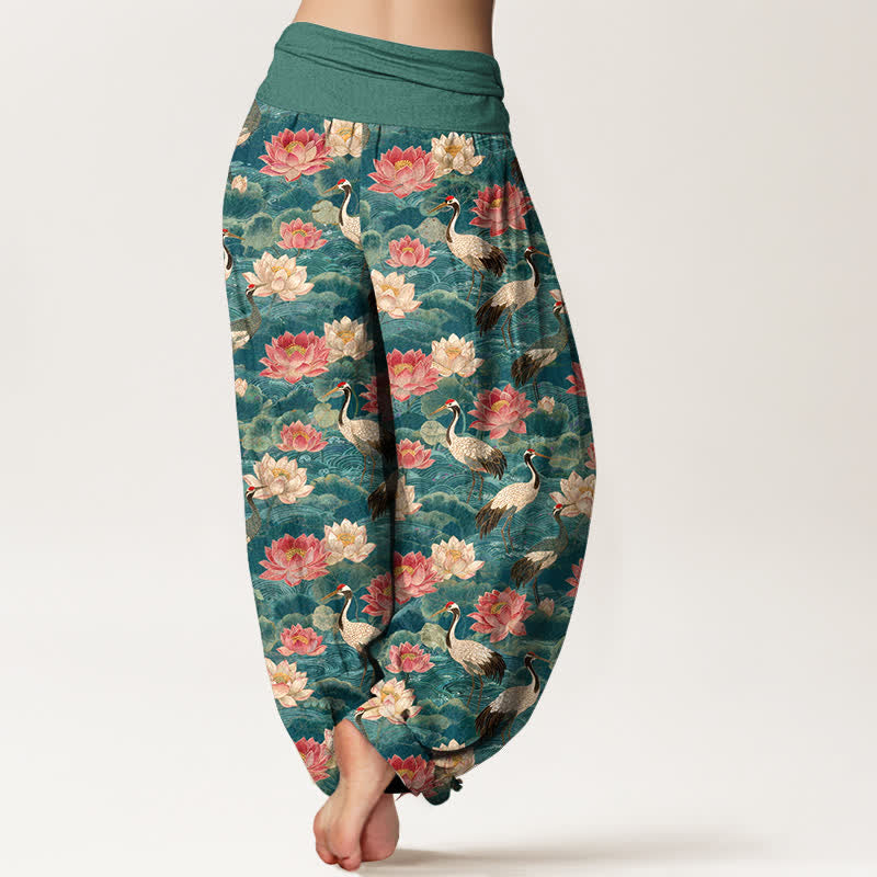 Buddha Stones Pantalones harem de algodón con estampado de grullas y loto para mujer con cintura elástica. - image 2