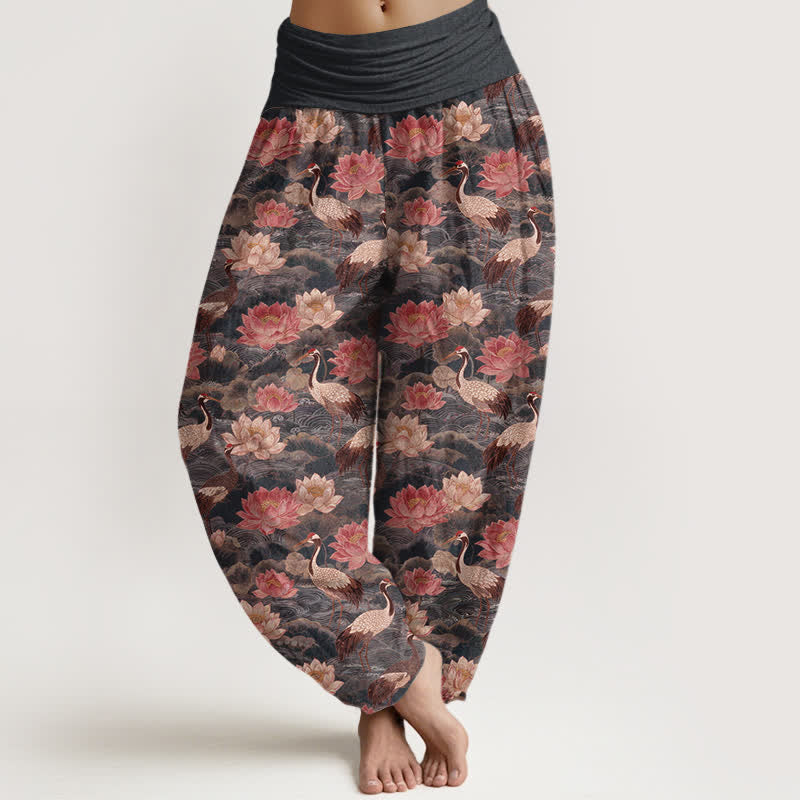 Buddha Stones Pantalones harem de algodón con estampado de grullas y loto para mujer con cintura elástica. - Gris oscuro - US16，UK/AU20，EU48 (3XL) - image 5