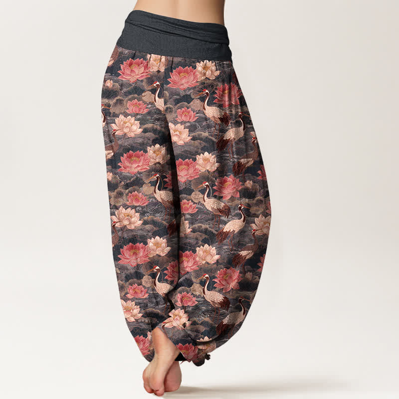Buddha Stones Pantalones harem de algodón con estampado de grullas y loto para mujer con cintura elástica. - image 7