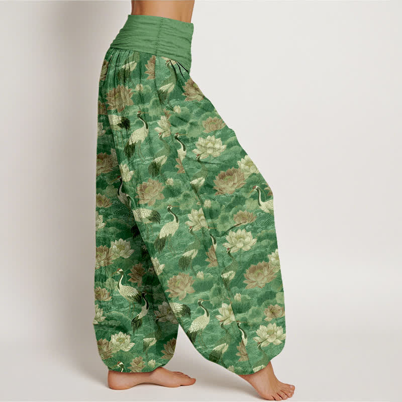 Buddha Stones Pantalones harem de algodón con estampado de grullas y loto para mujer con cintura elástica. - image 9