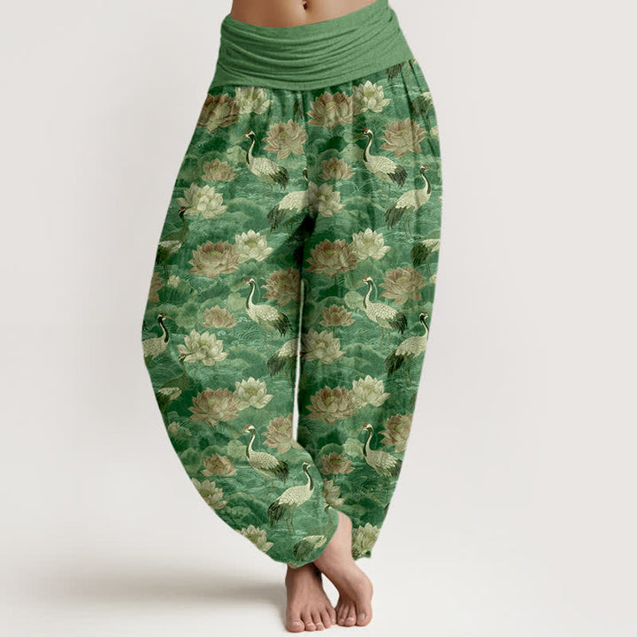 Buddha Stones Pantalones harem de algodón con estampado de grullas y loto para mujer con cintura elástica. - Verde mar medio - US16，UK/AU20，EU48 (3XL) - image 8