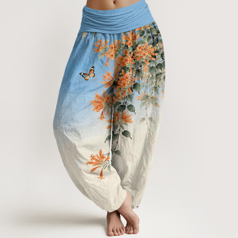 Buddha Stones Pantalones harem de algodón naranja con estampado floral de mariposas para mujer con cintura elástica. - Azul cielo profundo - US16，UK/AU20，EU48 (3XL) - image 0