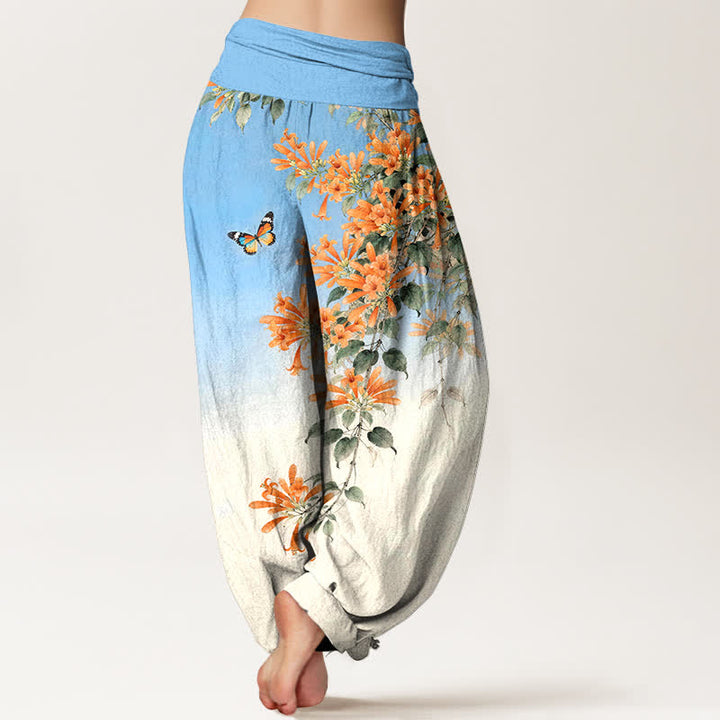 Buddha Stones Pantalones harem de algodón naranja con estampado floral de mariposas para mujer con cintura elástica. - image 2