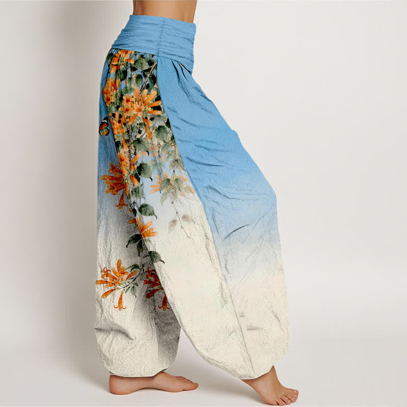 Buddha Stones Pantalones harem de algodón naranja con estampado floral de mariposas para mujer con cintura elástica. - image 1