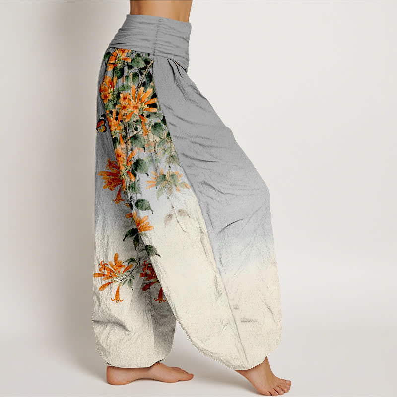 Buddha Stones Pantalones harem de algodón naranja con estampado floral de mariposas para mujer con cintura elástica. - image 9