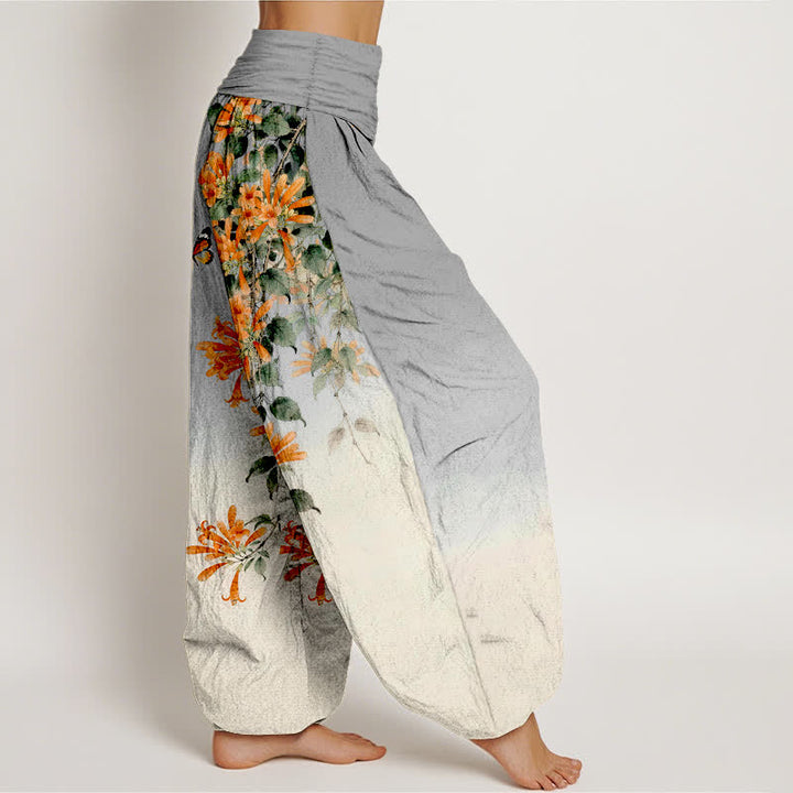 Buddha Stones Pantalones harem de algodón naranja con estampado floral de mariposas para mujer con cintura elástica. - image 9