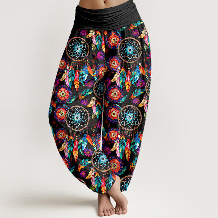 Buddha Stones Pantalones harem de mujer con cintura elástica y estampado de plumas y atrapasueños de algodón. - Negro - US16，UK/AU20，EU48 (3XL) - image 0
