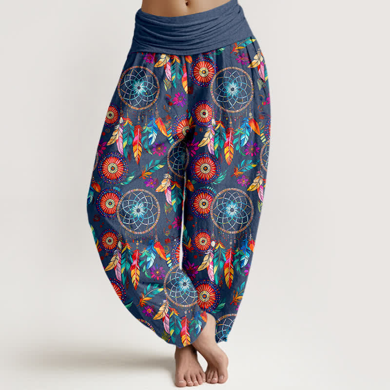 Buddha Stones Pantalones harem de mujer con cintura elástica y estampado de plumas y atrapasueños de algodón. - Azul acero - US16，UK/AU20，EU48 (3XL) - image 5