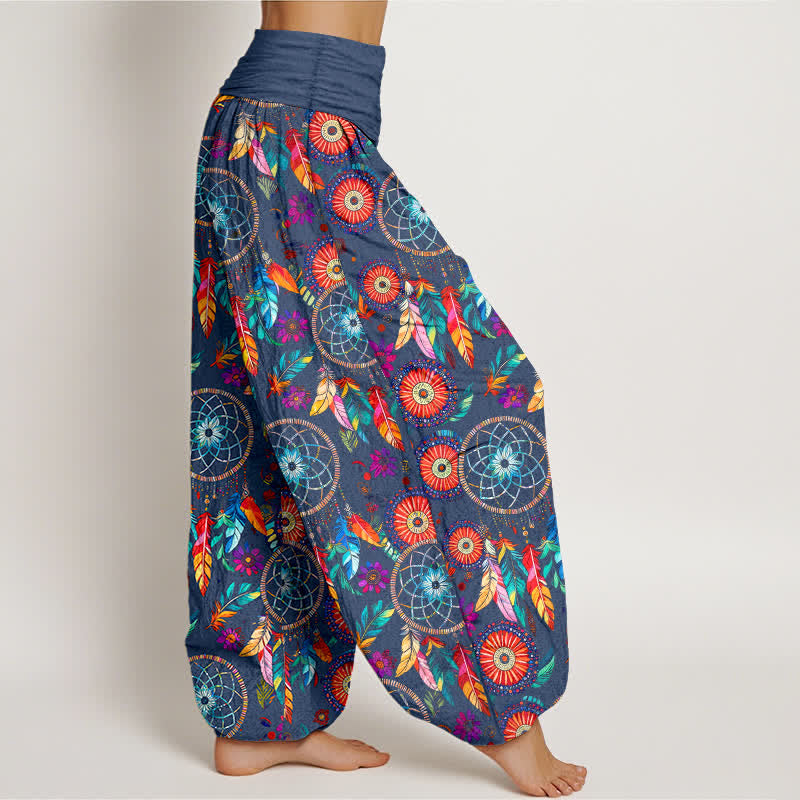 Buddha Stones Pantalones harem de mujer con cintura elástica y estampado de plumas y atrapasueños de algodón. - image 6