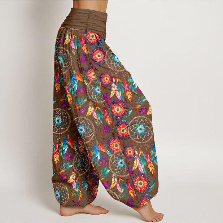Buddha Stones Pantalones harem de mujer con cintura elástica y estampado de plumas y atrapasueños de algodón. - image 9