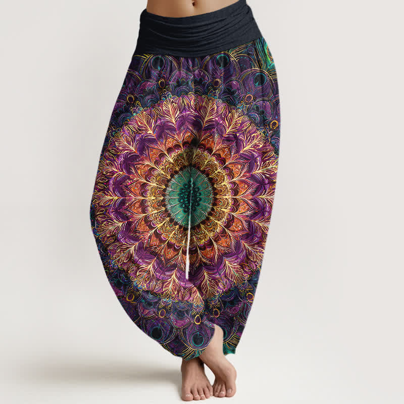 Buddha Stones Pantalones harem de mujer con cintura elástica y estampado de mandala de algodón puro para mujer. - Púrpura - US16，UK/AU20，EU48 (3XL) - image 0