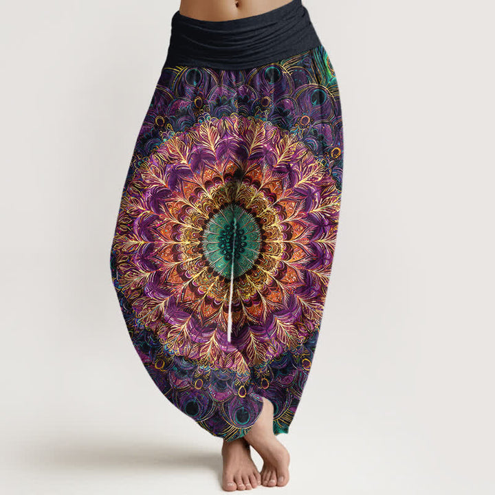 Buddha Stones Pantalones harem de mujer con cintura elástica y estampado de mandala de algodón puro para mujer. - Púrpura - US16，UK/AU20，EU48 (3XL) - image 0