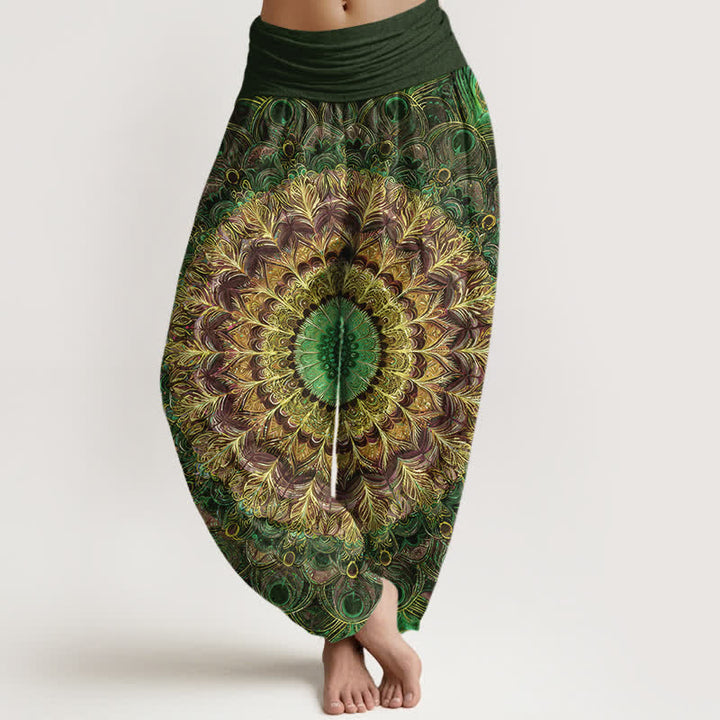 Buddha Stones Pantalones harem de mujer con cintura elástica y estampado de mandala de algodón puro para mujer. - Verde oliva oscuro - US16，UK/AU20，EU48 (3XL) - image 8