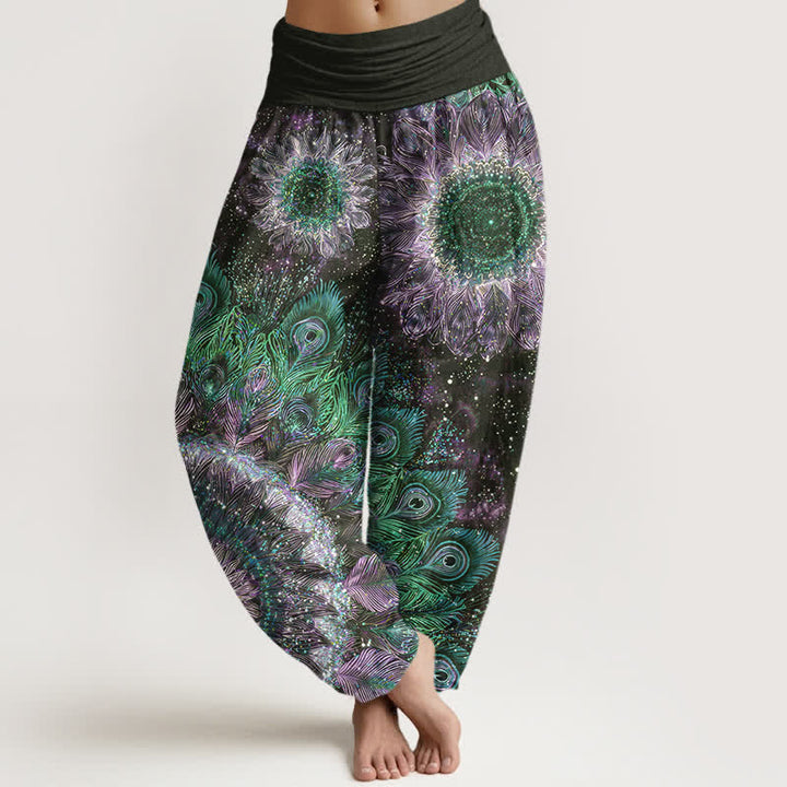 Buddha Stones Pantalones harem de mujer con cintura elástica y estampado de plumas de pavo real, de algodón. - Negro - US16，UK/AU20，EU48 (3XL) - image 5