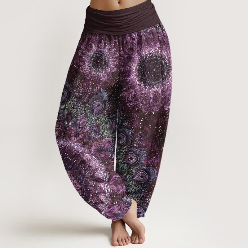 Buddha Stones Pantalones harem de mujer con cintura elástica y estampado de plumas de pavo real, de algodón. - Púrpura - US16，UK/AU20，EU48 (3XL) - image 8