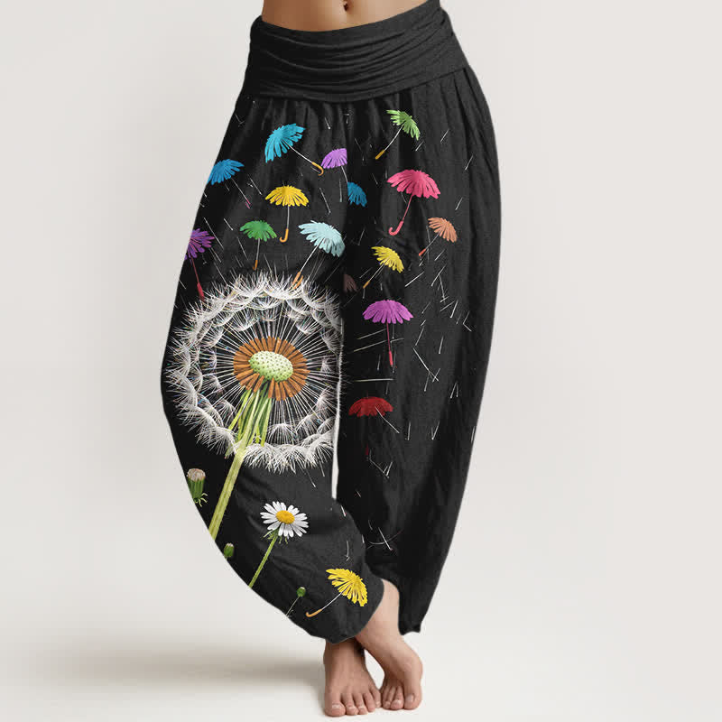 Buddha Stones Pantalones harem de mujer con cintura elástica y estampado de diente de león, de algodón puro. - Negro - US16，UK/AU20，EU48 (3XL) - image 0