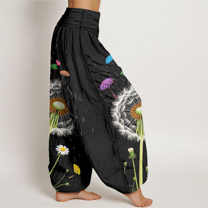 Buddha Stones Pantalones harem de mujer con cintura elástica y estampado de diente de león, de algodón puro. - image 1