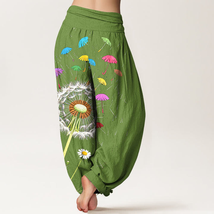 Buddha Stones Pantalones harem de mujer con cintura elástica y estampado de diente de león, de algodón puro. - image 7