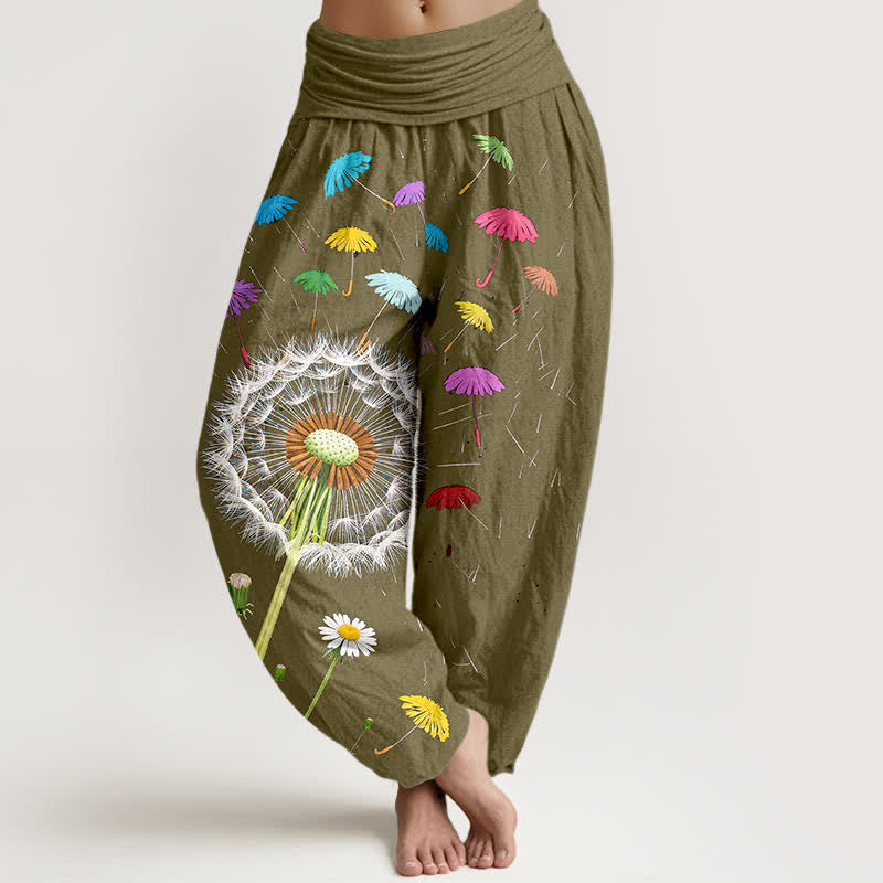 Buddha Stones Pantalones harem de mujer con cintura elástica y estampado de diente de león, de algodón puro. - Caqui oscuro - US16，UK/AU20，EU48 (3XL) - image 8