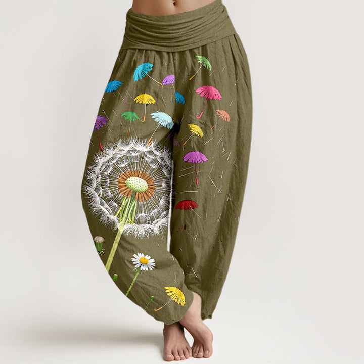Buddha Stones Pantalones harem de mujer con cintura elástica y estampado de diente de león, de algodón puro. - Caqui oscuro - US16，UK/AU20，EU48 (3XL) - image 8