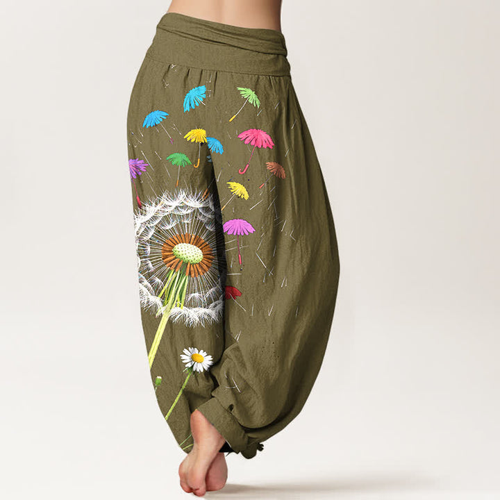 Buddha Stones Pantalones harem de mujer con cintura elástica y estampado de diente de león, de algodón puro. - image 10