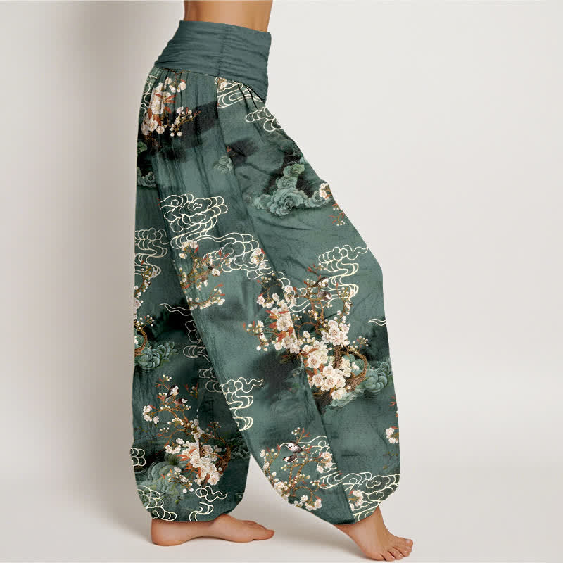 Buddha Stones Pantalones harem de algodón puro con estampado floral y cintura elástica para mujer. - image 1