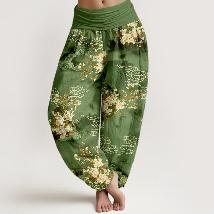 Buddha Stones Pantalones harem de algodón puro con estampado floral y cintura elástica para mujer. - Verde bosque - US16，UK/AU20，EU48 (3XL) - image 5
