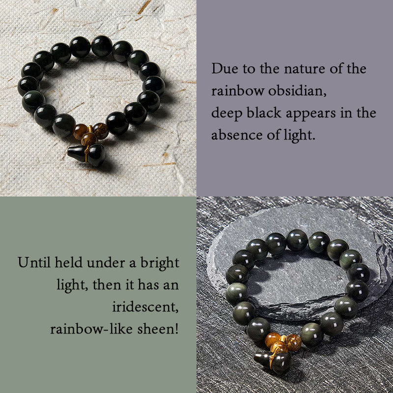 Buddha Stones Pulsera china vintage de protección con calabaza de obsidiana arcoíris - image 4