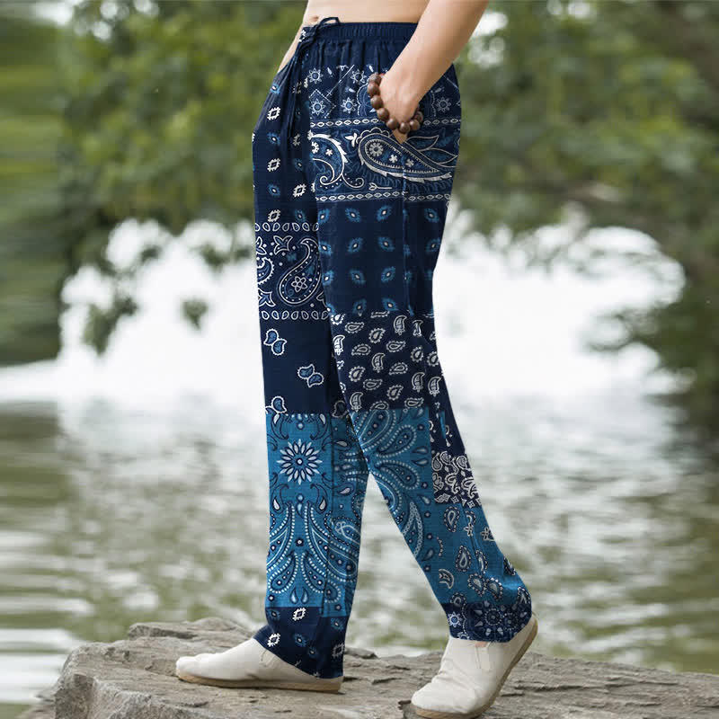 Buddha Stones Pantalones de hombre de algodón con estampado paisley, corte ajustado y bolsillos. - image 1