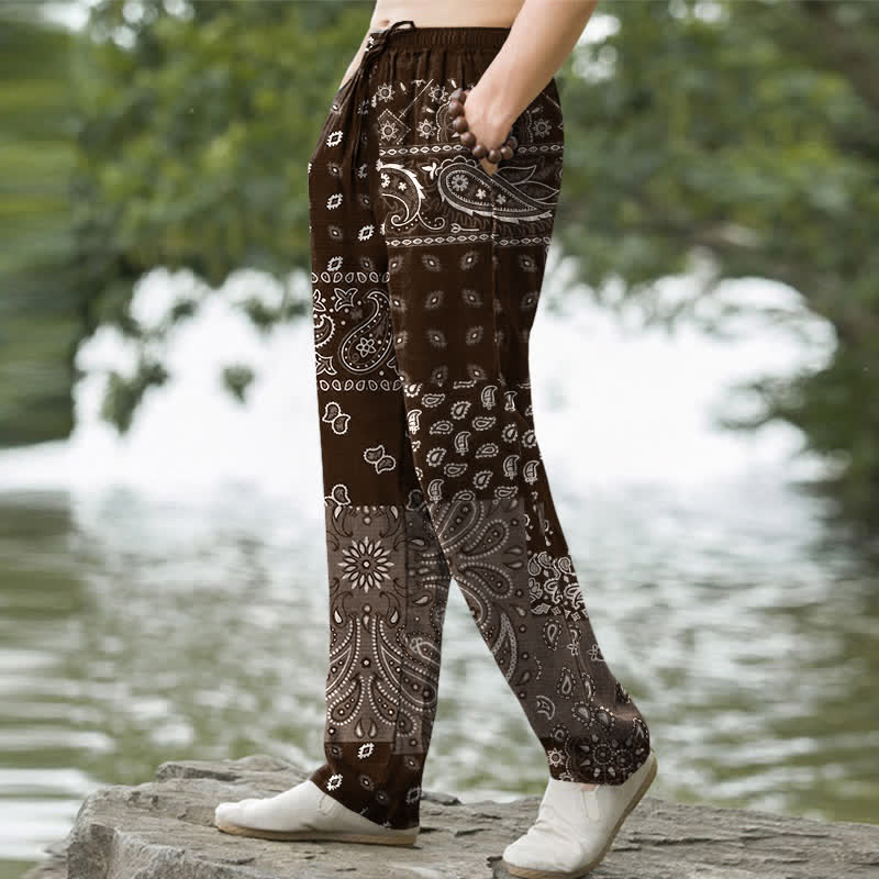 Buddha Stones Pantalones de hombre de algodón con estampado paisley, corte ajustado y bolsillos. - image 5