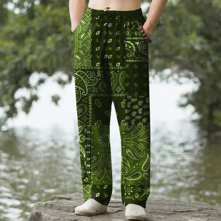 Buddha Stones Pantalones de hombre de algodón con estampado paisley, corte ajustado y bolsillos. - Verde oliva - US/UK/AU50, EU60 (5XL) - image 6