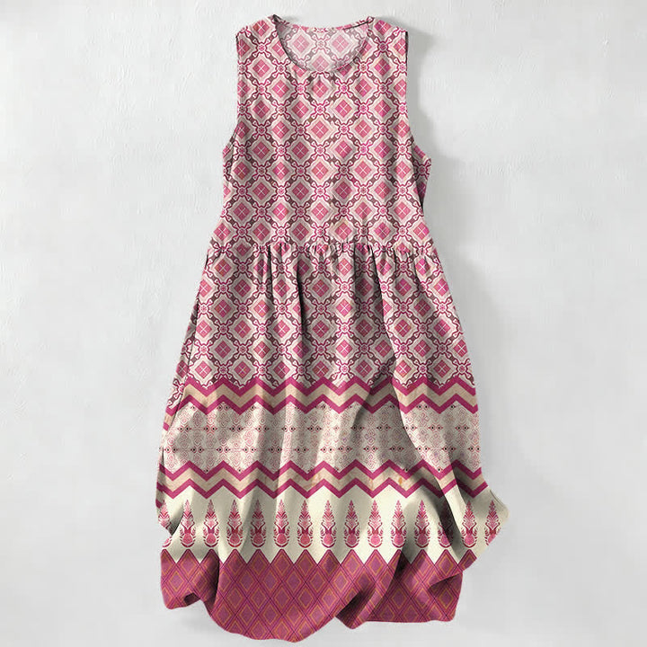 Buddha Stones Vestido midi de verano informal bohemio con estampado geométrico floral para mujer, sin mangas y con bolsillos. - Rosa - US16，UK/AU20，EU48 (3XL) - image 0