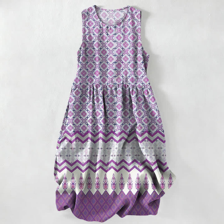 Buddha Stones Vestido midi de verano informal bohemio con estampado geométrico floral para mujer, sin mangas y con bolsillos. - Orquídea - US16，UK/AU20，EU48 (3XL) - image 4