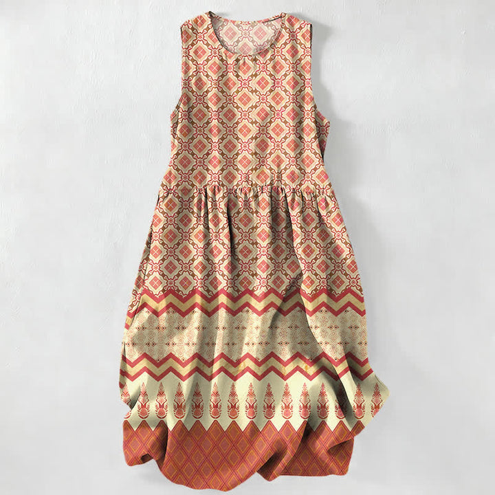 Buddha Stones Vestido midi de verano informal bohemio con estampado geométrico floral para mujer, sin mangas y con bolsillos. - Naranja - US16，UK/AU20，EU48 (3XL) - image 5