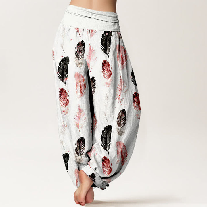 Buddha Stones Pantalones harem de mujer con cintura elástica y estampado de plumas de algodón puro - image 2