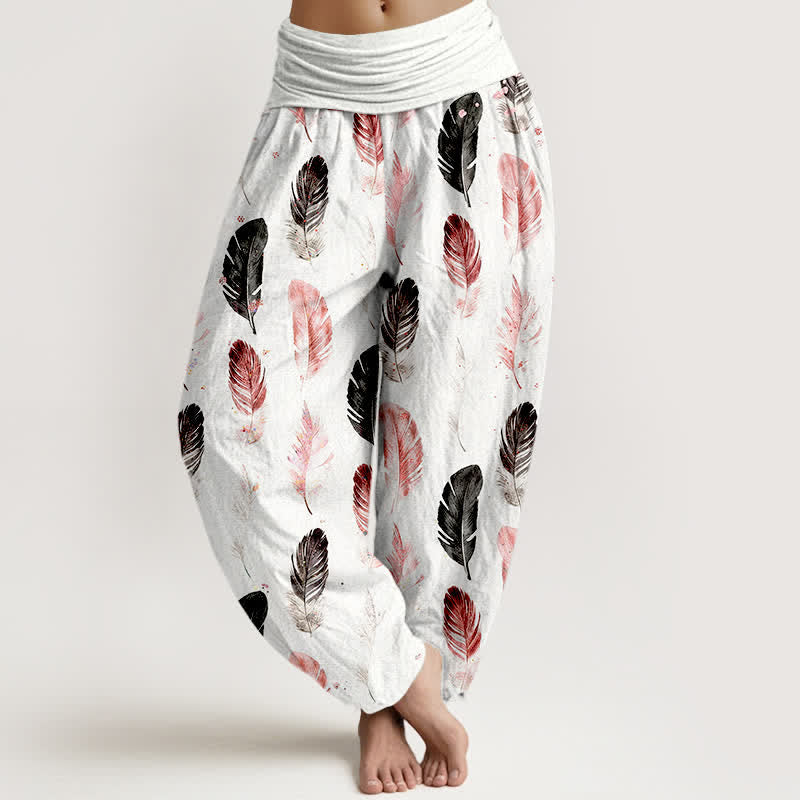 Buddha Stones Pantalones harem de mujer con cintura elástica y estampado de plumas de algodón puro - Blanco - US16，UK/AU20，EU48 (3XL) - image 0