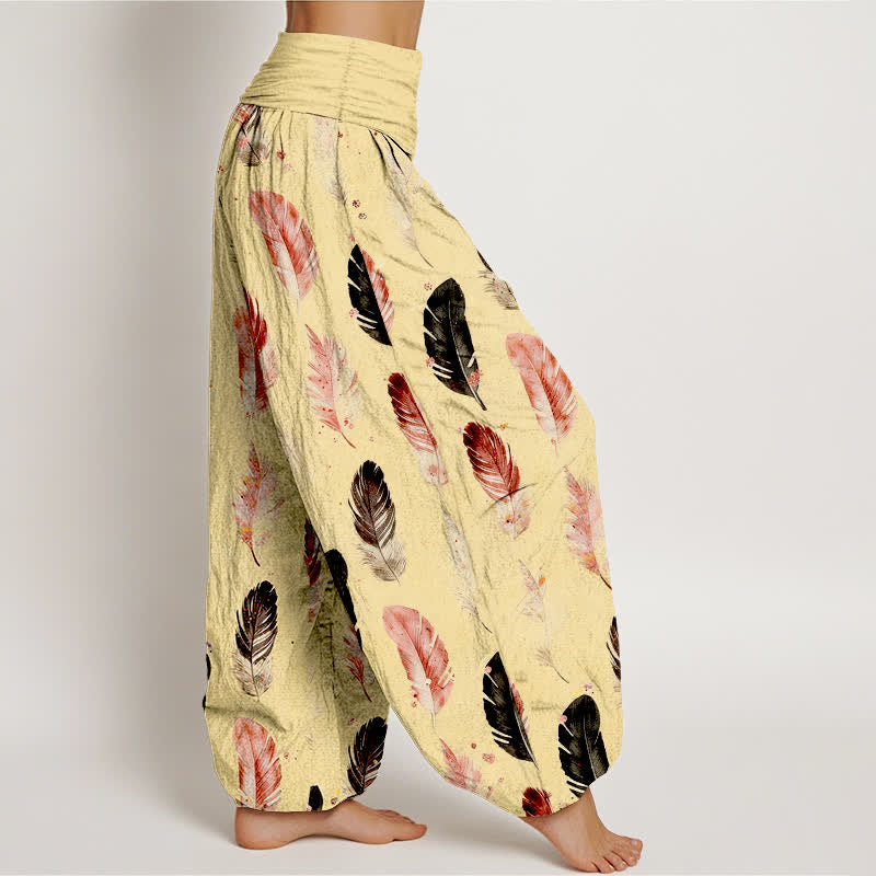 Buddha Stones Pantalones harem de mujer con cintura elástica y estampado de plumas de algodón puro - image 6