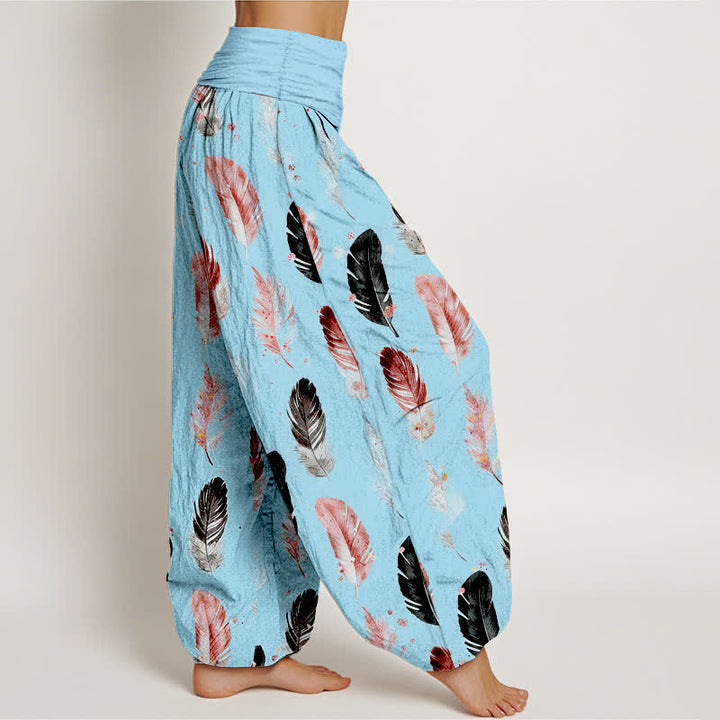 Buddha Stones Pantalones harem de mujer con cintura elástica y estampado de plumas de algodón puro - image 9