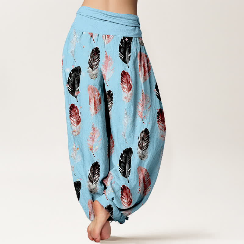 Buddha Stones Pantalones harem de mujer con cintura elástica y estampado de plumas de algodón puro - image 10