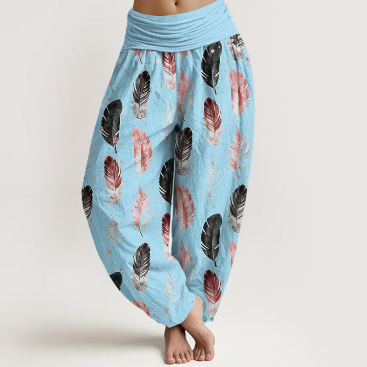 Buddha Stones Pantalones harem de mujer con cintura elástica y estampado de plumas de algodón puro - Azul claro - US16，UK/AU20，EU48 (3XL) - image 8