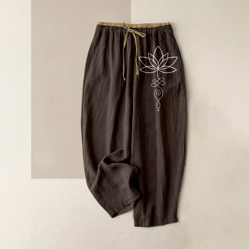 Buddha Stones Pantalones de mujer de algodón puro con estampado Zen Lotus, cintura elástica y bolsillos. - Marrón silla de montar - US16，UK/AU20，EU48 (3XL) - image 0