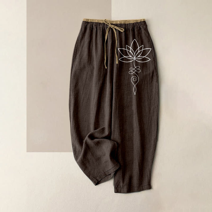 Buddha Stones Pantalones de mujer de algodón puro con estampado Zen Lotus, cintura elástica y bolsillos. - Marrón silla de montar - US16，UK/AU20，EU48 (3XL) - image 0