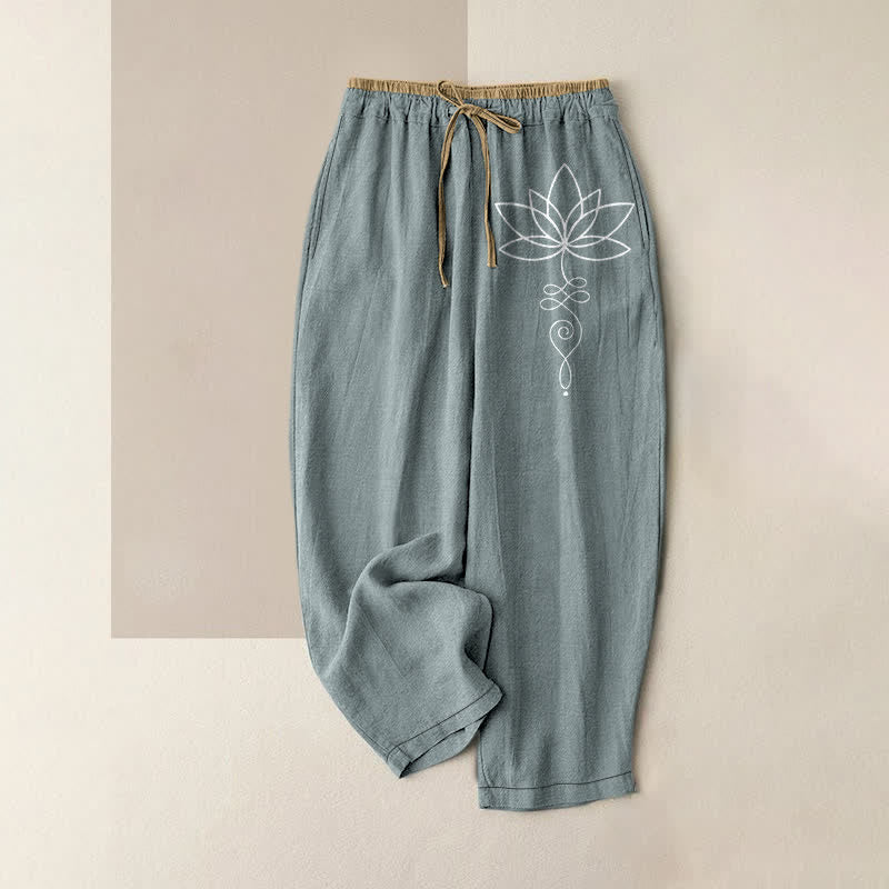 Buddha Stones Pantalones de mujer de algodón puro con estampado Zen Lotus, cintura elástica y bolsillos. - Azul cadete - US16，UK/AU20，EU48 (3XL) - image 5