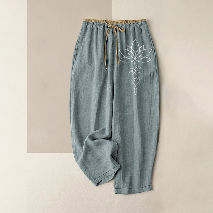 Buddha Stones Pantalones de mujer de algodón puro con estampado Zen Lotus, cintura elástica y bolsillos. - Azul cadete - US16，UK/AU20，EU48 (3XL) - image 5