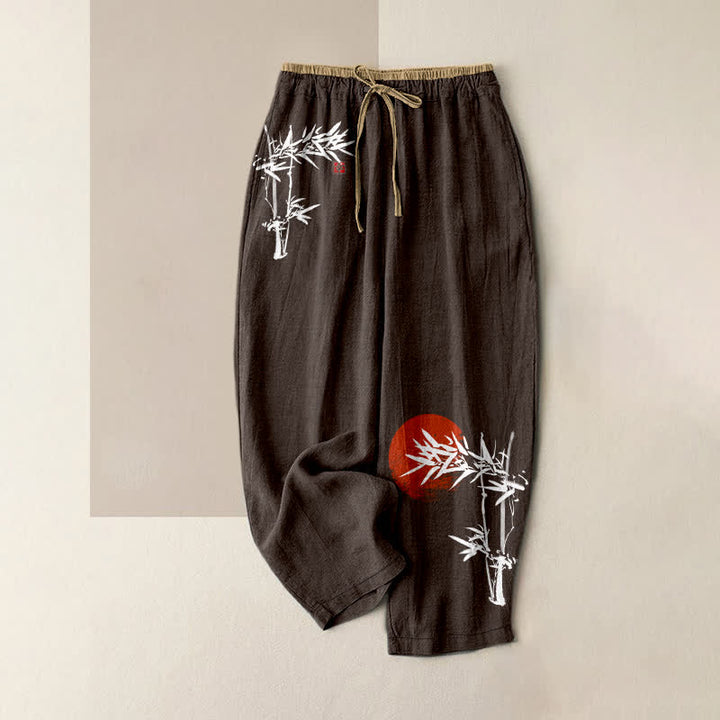 Buddha Stones Pantalones de mujer de algodón puro con estampado de bambú rojo y sol, cintura elástica y bolsillos. - Marrón silla de montar - US16，UK/AU20，EU48 (3XL) - image 5