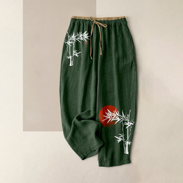 Buddha Stones Pantalones de mujer de algodón puro con estampado de bambú rojo y sol, cintura elástica y bolsillos. - Verde bosque - US16，UK/AU20，EU48 (3XL) - image 6