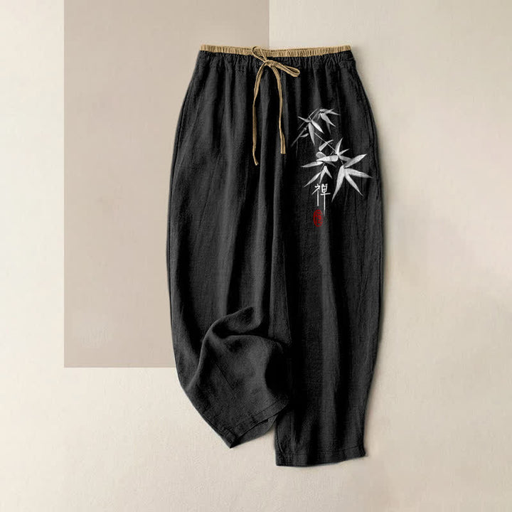 Buddha Stones Pantalones de mujer de algodón puro con estampado de bambú blanco zen, cintura elástica y bolsillos. - Negro - US16，UK/AU20，EU48 (3XL) - image 5