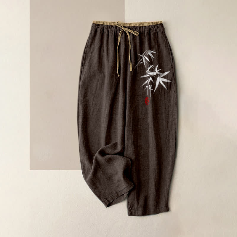 Buddha Stones Pantalones de mujer de algodón puro con estampado de bambú blanco zen, cintura elástica y bolsillos. - Marrón silla de montar - US16，UK/AU20，EU48 (3XL) - image 6