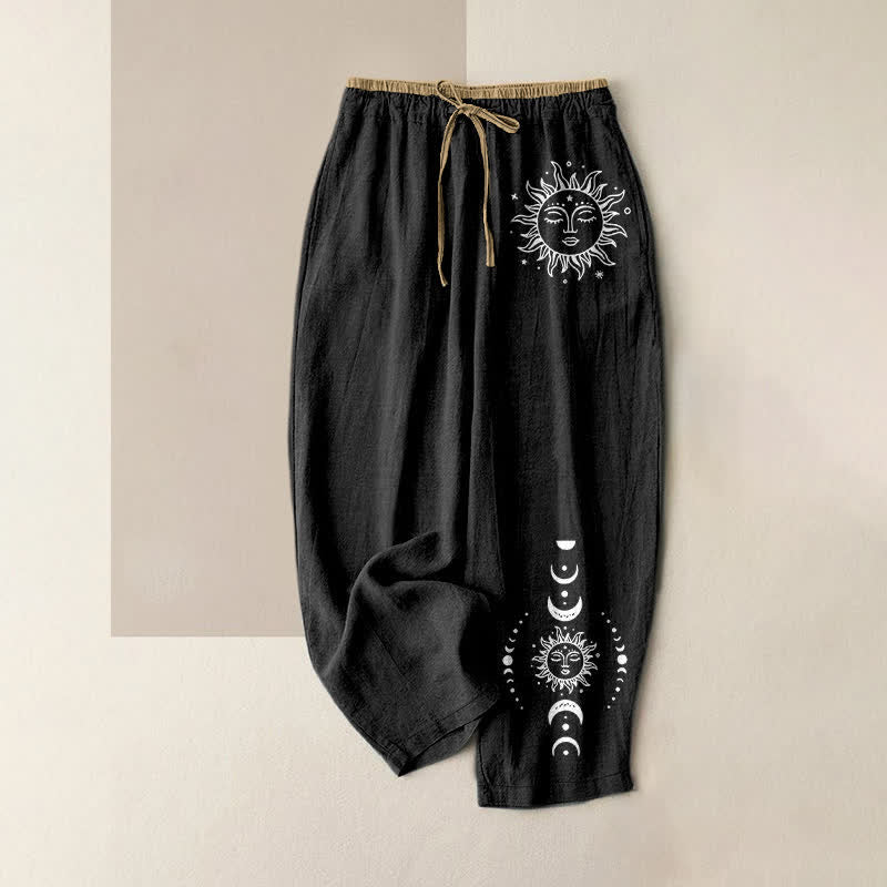 Buddha Stones Pantalones de mujer de algodón puro con estampado de sol, luna y estrellas, cintura elástica y bolsillos. - Negro - US16，UK/AU20，EU48 (3XL) - image 0